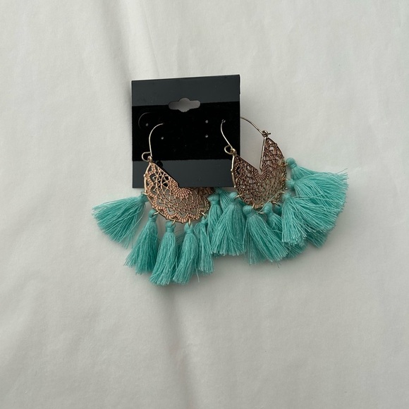 Elegant Gold and Teal Tassel Earrings - Picture 1 of 1